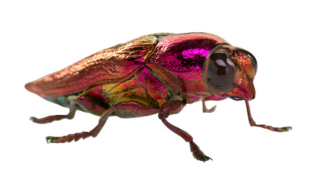 Iridescent metallic jewel beetle with vibrant pink and gold exoskeleton, isolated on transparent background