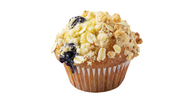 Golden blueberry muffin with streusel topping and oat flakes, isolated on transparent background