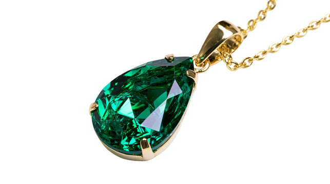 Teardrop emerald gemstone pendant with gold chain, isolated on transparent background