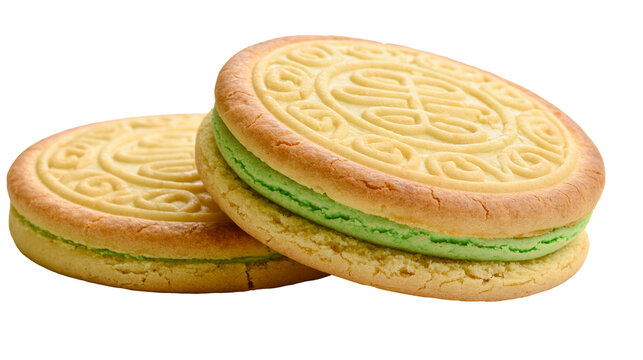 Two round cream-filled cookies with embossed patterns, isolated on transparent background