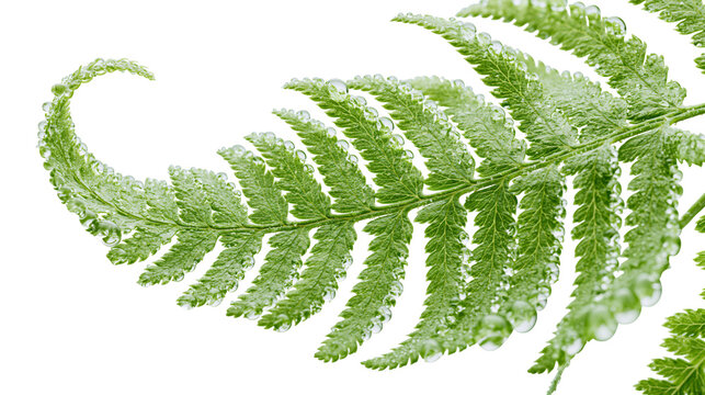 Green fern frond with dew drops, isolated on transparent background