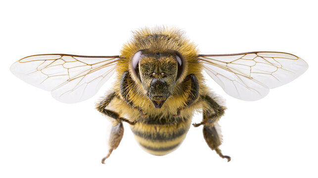 Furry honey bee with striped abdomen and transparent wings, isolated on transparent background
