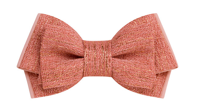 Textured coral pink bow tie with gold threads, isolated on transparent background