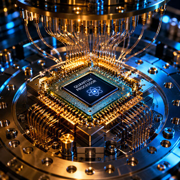 Advanced quantum computing processor close-up.

