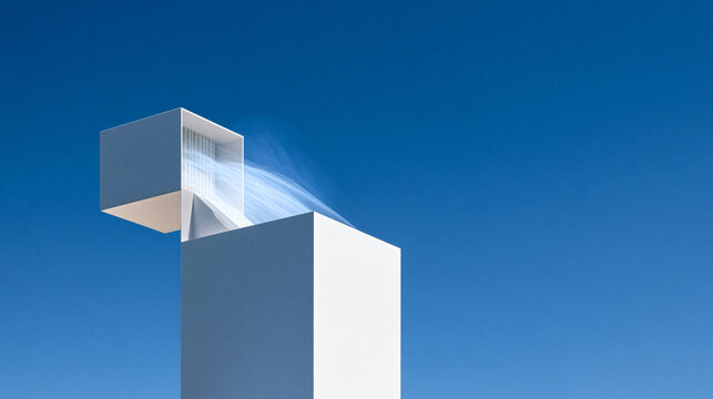 Abstract Architecture and Sky: A minimalist white structure with cubical elements stands against a clear blue sky, a fluid, abstract form suggesting movement and open space.