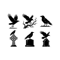Fototapeta premium Set of black raven and crow silhouettes perched on cemetery tombstones and branches
