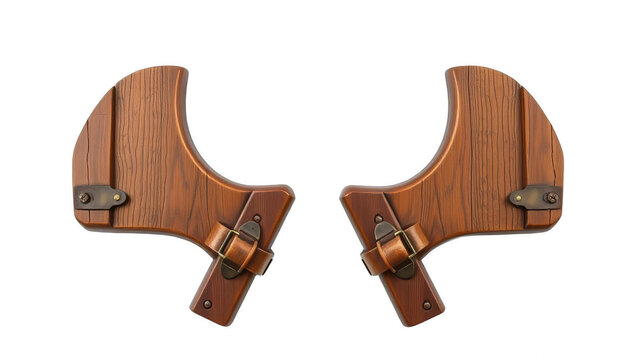Pair of ornate wooden shoulder pauldrons with metal buckles