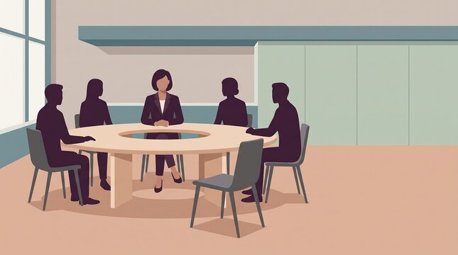Woman at boardroom table with empty chair flat vector