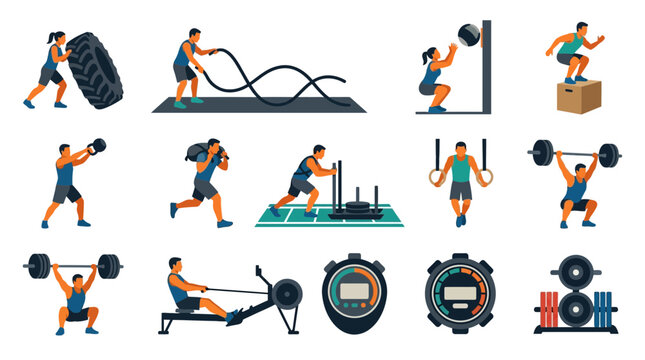 Fitness Cross Training Set - Flat Vector Illustration of Athletes Exercising with Gym Equipment