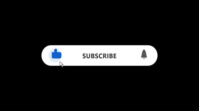 Motion graphics animation of a digital user interface showing a cursor clicking a like button, a subscribe button changing to subscribed, and a notification bell turning red.