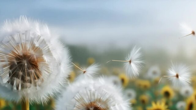 A dandelion flower blown by the wind
