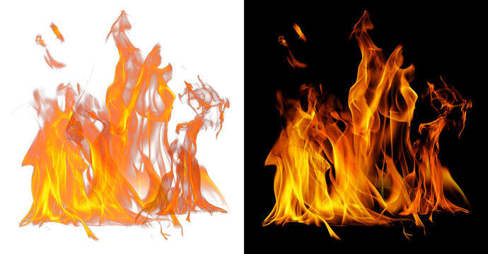 Fiery flame burning on transparent background for creative graphic design featuring intense hot yellow and orange blaze with dynamic motion and light effects for digital compositing.