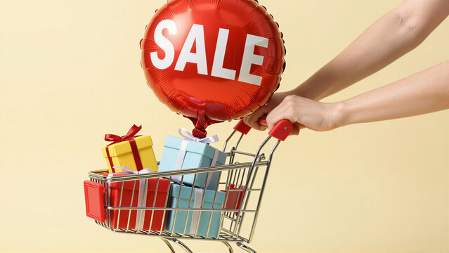 Person pushing a shopping cart with gift box and a red sale balloon. Concept of consumer shopping and seasonal discount