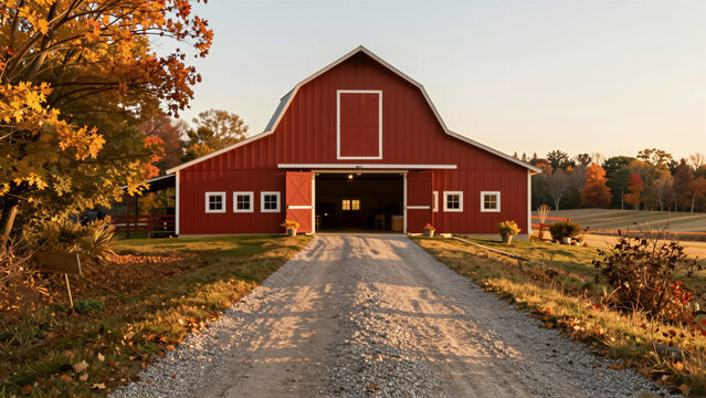 A picturesque red barn stands along a gravel driveway, surrounded by vibrant autumn foliage. Golden sunlight bathes the tranquil rural landscape, highlighting the charming farm architectu