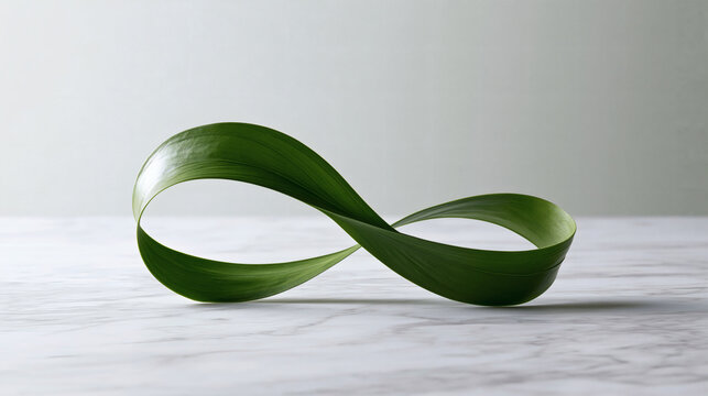 Infinity Leaf: A perfectly formed infinity symbol crafted from a vibrant green leaf rests on a marbled surface, symbolizing eternity, balance, and nature's endless cycle.