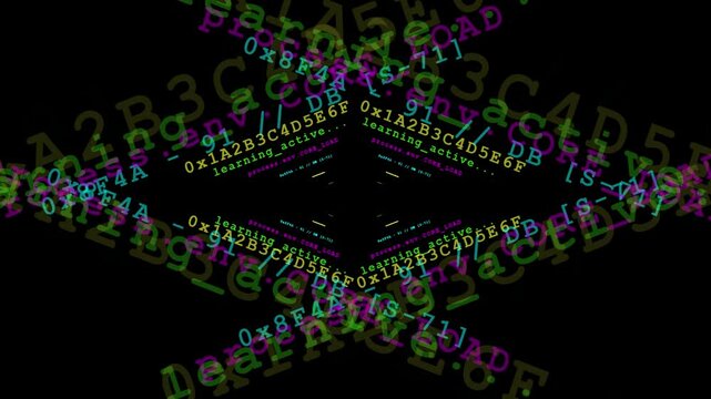 A futuristic animation featuring a rotating geometric structure composed of colorful hexadecimal code and digital text against a black background.