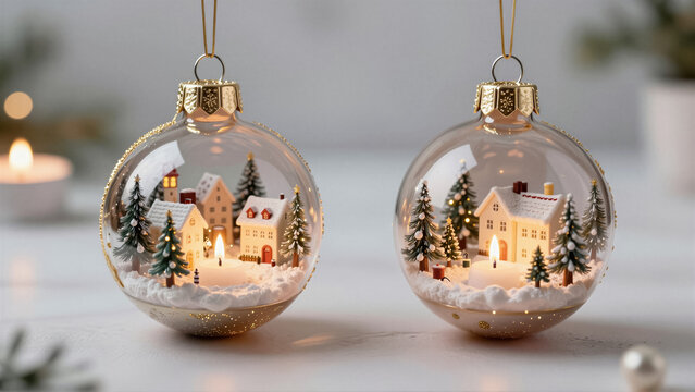Close-up of two enchanting Christmas ornaments featuring miniature winter village scenes with glowing candle light and snowy trees. Perfect for holiday decoration, adding a warm, festive