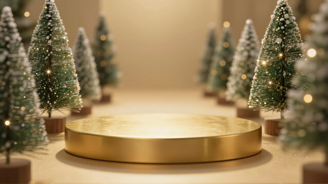 Elegant golden podium surrounded by twinkling festive Christmas trees. Perfect background for holiday product display, luxury promotion, and seasonal marketing