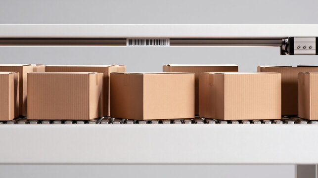 Cardboard Boxes on Conveyor Belt: A neat row of identical cardboard boxes moves along a sleek conveyor belt, suggesting efficiency and streamlined logistics in a modern warehouse setting.