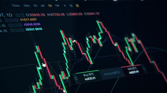 Digital candlestick chart showing volatile cryptocurrency market trends on trading platform interface.