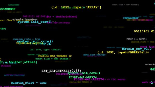 A dynamic digital animation featuring a cascade of colorful computer code and data streams falling against a black background, resembling a digital matrix.