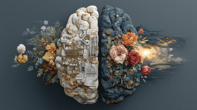 Creative left and right human brain concept with social and business illustration