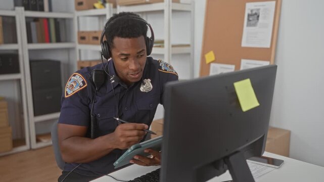 Man police officer writing on tablet with stylus at desk in building, headset worn and badge visible; steady focus.