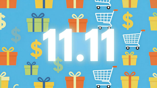 Bright blue banner for 11.11 shopping festival with gift box, shopping cart, and dollar sign icon. Creative flat design illustration for global sale event and online promotion
