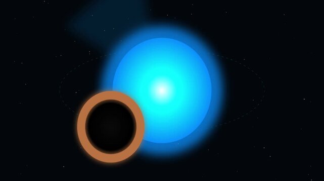Scientific visualization of a black hole orbiting a luminous blue star, featuring a glowing accretion disk and event horizon against a dark space background.