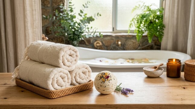 Relaxing spa bath with fluffy towels, bath bomb, and candle for ultimate tranquility
