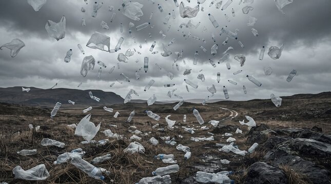 Plastic waste raining down on polluted landscape. Environmental debris falling from stormy sky over muddy field.