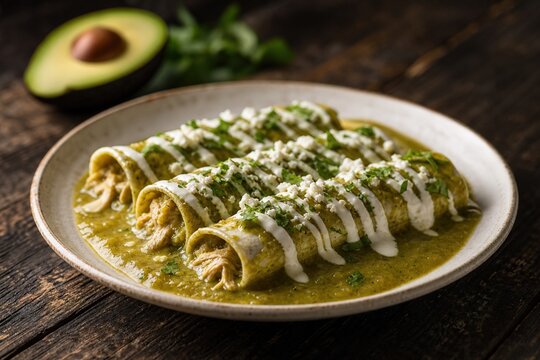 Three chicken enchiladas verdes with salsa verde, topped with sour cream, crumbled cheese, and fresh cilantro, served on a plate with an avocado on a wooden table