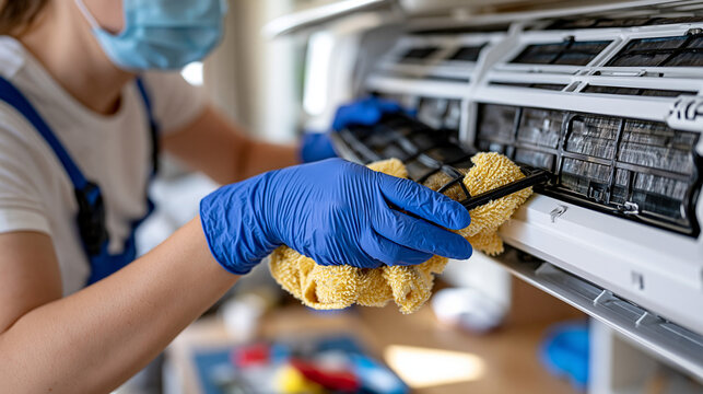 Homeowner wearing gloves carefully cleaning a split air conditioner filter following seasonal maintenance recommendations in a bright apartment ultra photorealism, cinematic color correction, natura