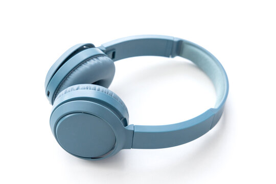 Modern blue wireless headphones isolated on a white background