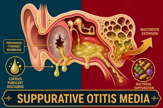 Suppurative Otitis Media Diagram Showing Perforated Tympanic Membrane Ear Infection And Mastoiditis