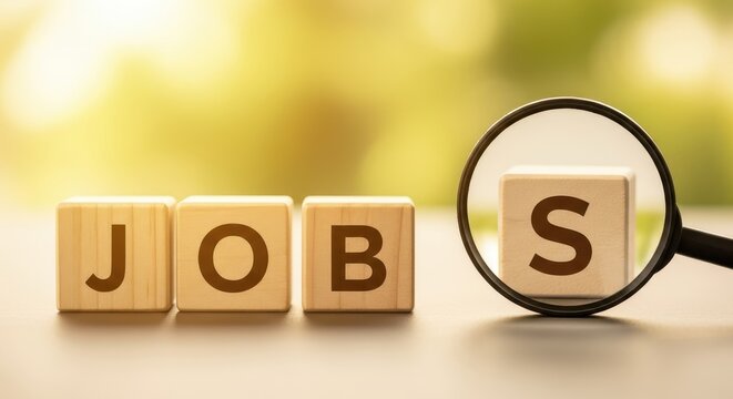 Job Search Concept with Wooden Blocks Spelling Jobs and a Magnifying Glass on a Sunny Blurred Background