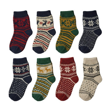 a large collection of thick, hand-knitted wool socks featuring vibrant fair isle and geometric patterns, meticulously arranged in a top-down flat lay on a transparent background, cozy domesticity and