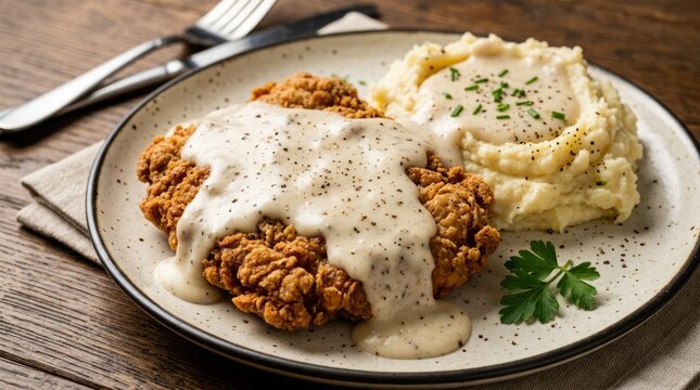 Crispy breaded chicken steak smothered in creamy white gravy with fluffy mashed potatoes