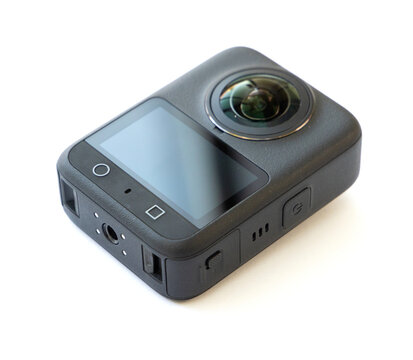 Compact Black Action Camera with Fisheye Lens on White