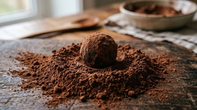 Rich chocolate truffle dusted with cocoa powder on a rustic wooden surface, a delectable homemade treat.