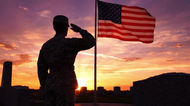 A Soldier Saluting the Flag at Dusk: A Tribute to Sacrifice and Honor with the American Flag Waving Proudly Against a Vibrant Sunset Sky