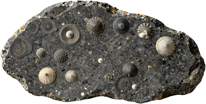 A dark fossiliferous limestone rock slab containing rich brachiopod sh
