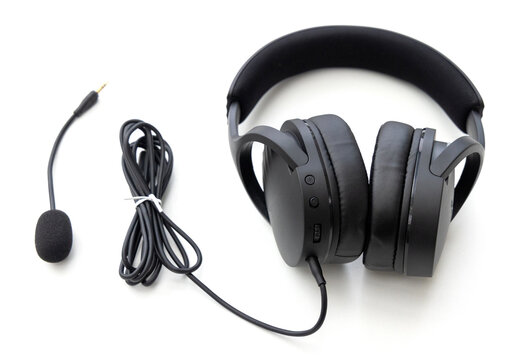 Black gaming headset with detachable microphone and wired cable
