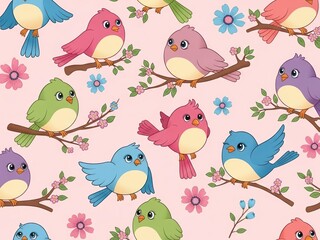 Fototapeta premium Cute cartoon birds in various colors sitting on branches with pink flowers