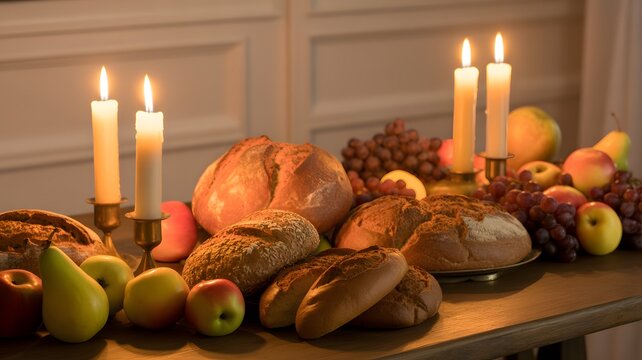 A warm and inviting scene of a table laden with fresh bread, ripe fruits, and grapes, illuminated by the gentle glow of lit candles