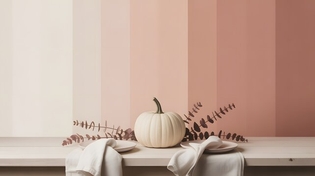 A minimalistic autumn still life featuring a white pumpkin on a wooden table, adorned with dried eucalyptus and a white cloth. The backdrop is a gradient of warm, muted tones.
