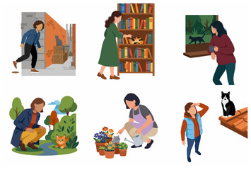 Fototapeta premium People interacting and looking for cats in various indoor and outdoor settings flat vector illustration set