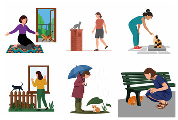 Set of vector illustrations showing various interactions between women and cats in indoor and outdoor settings, including scenes of caring for stray cats and domestic pets.