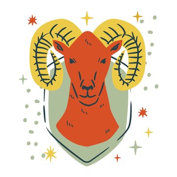Aries zodiac sign illustration, hand drawn ram head astrology symbol isolated on white background