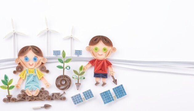 Paper Quilling Green Energy concept. Two cartoon children with plants, solar panels, and wind turbines promoting green energy.